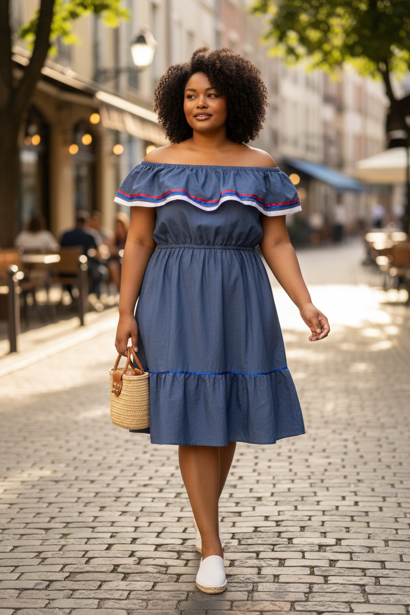 Women Blue Solid Off Shoulder Ruffle Denim Cotton A-Line Midi Dress Size S. Carabela