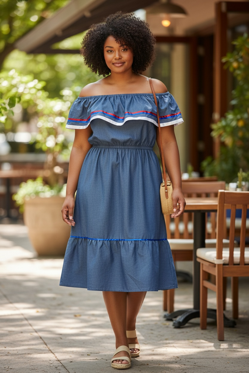 Women Blue Solid Off Shoulder Ruffle Denim Cotton A-Line Midi Dress Size S. Carabela