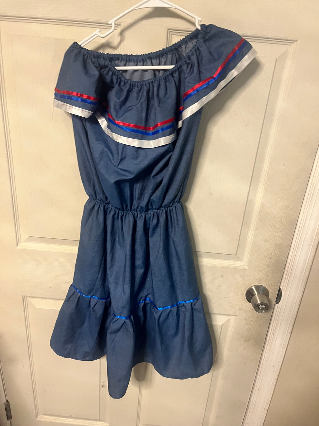 Women Blue Solid Off Shoulder Ruffle Denim Cotton A-Line Midi Dress Size S. Carabela