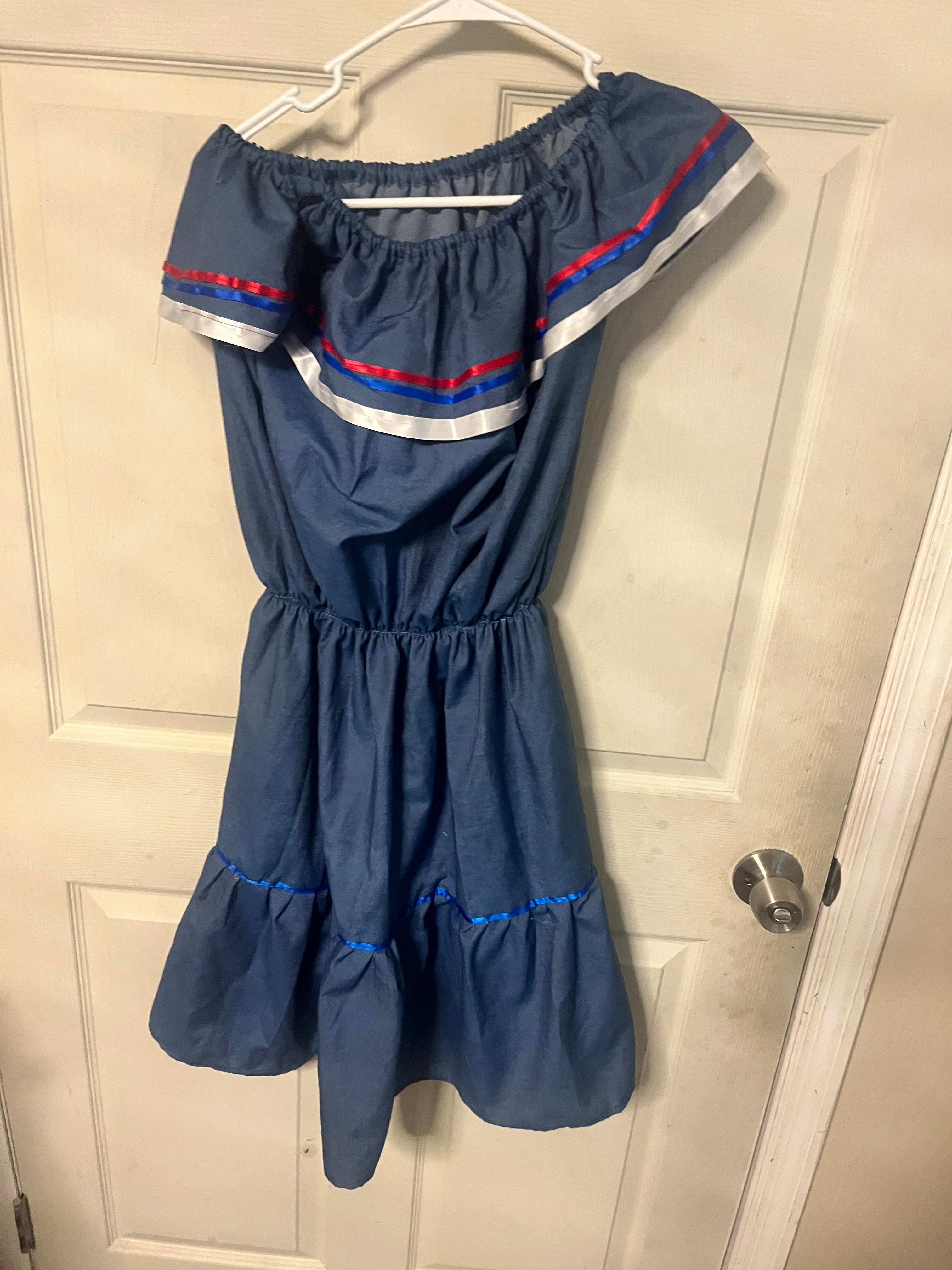 Women Blue Solid Off Shoulder Ruffle Denim Cotton A-Line Midi Dress Size S. Carabela