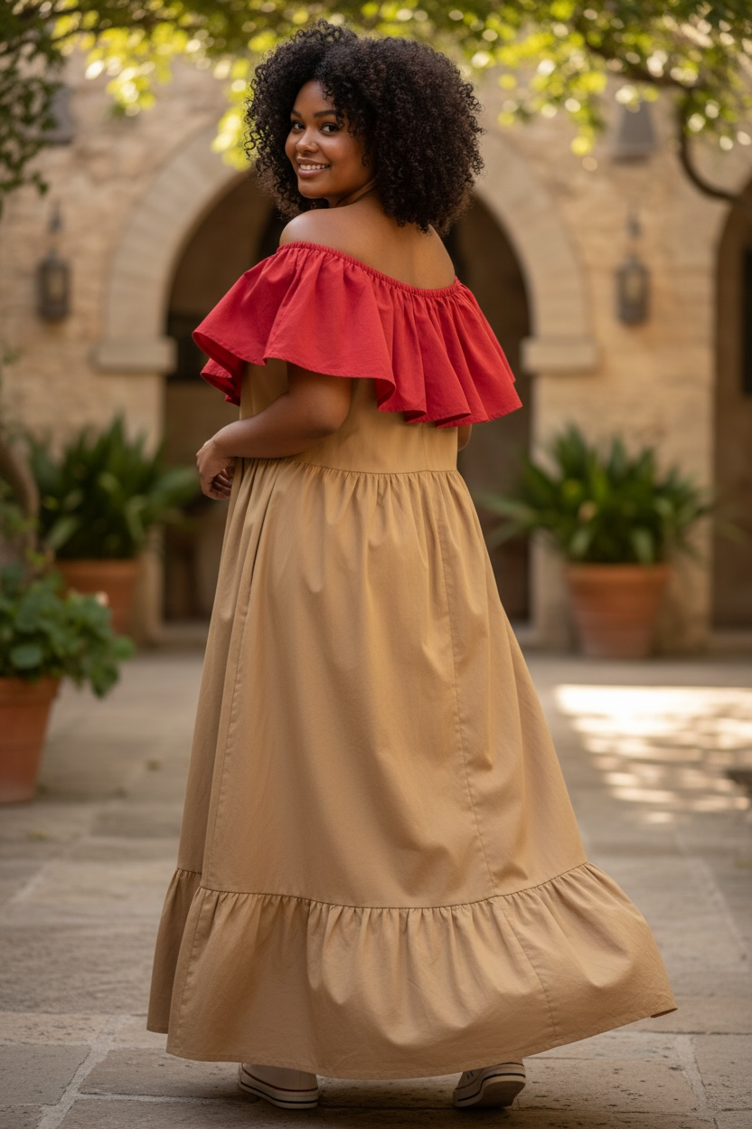 Women Tan Red Solid Off Shoulder A-Line Midi Dress One Size Button Puff Sleeve