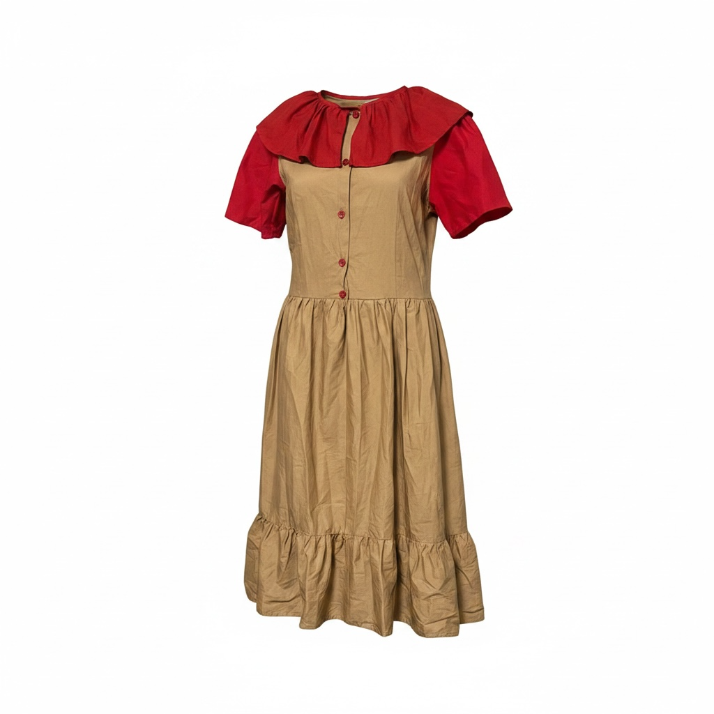 Women Tan Red Solid Off Shoulder A-Line Midi Dress One Size Button Puff Sleeve