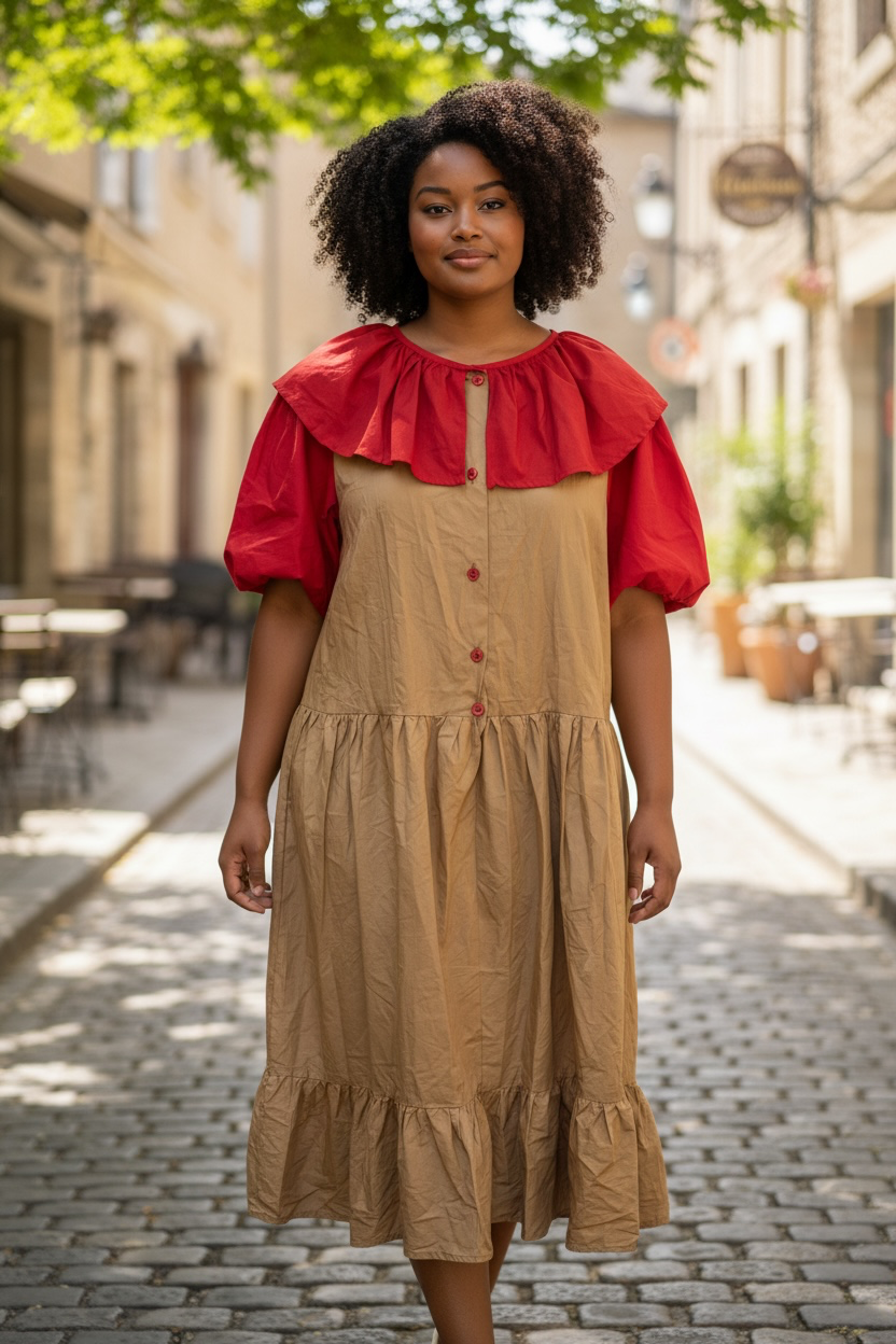Women Tan Red Solid Off Shoulder A-Line Midi Dress One Size Button Puff Sleeve