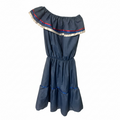 Women Blue Solid Off Shoulder Ruffle Denim Cotton A-Line Midi Dress Size S. Carabela