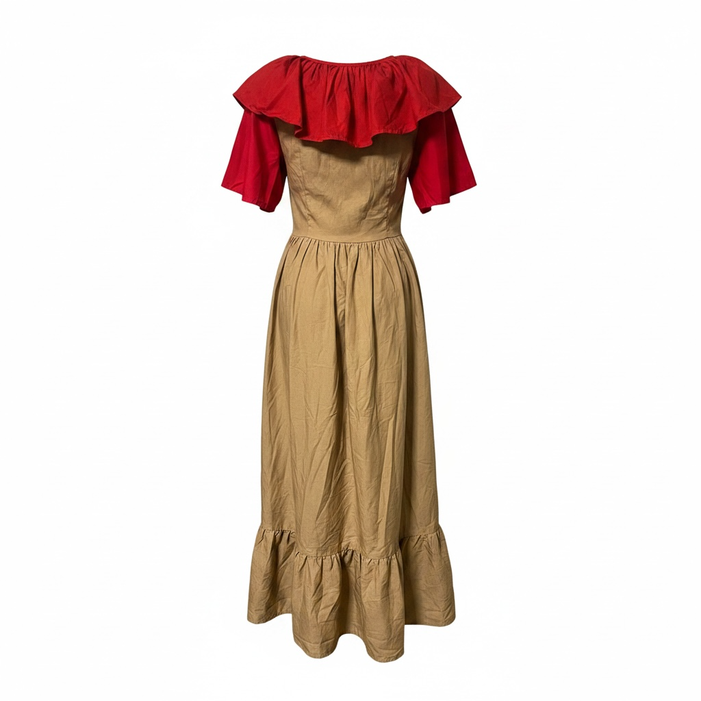 Women Tan Red Solid Off Shoulder A-Line Midi Dress One Size Button Puff Sleeve