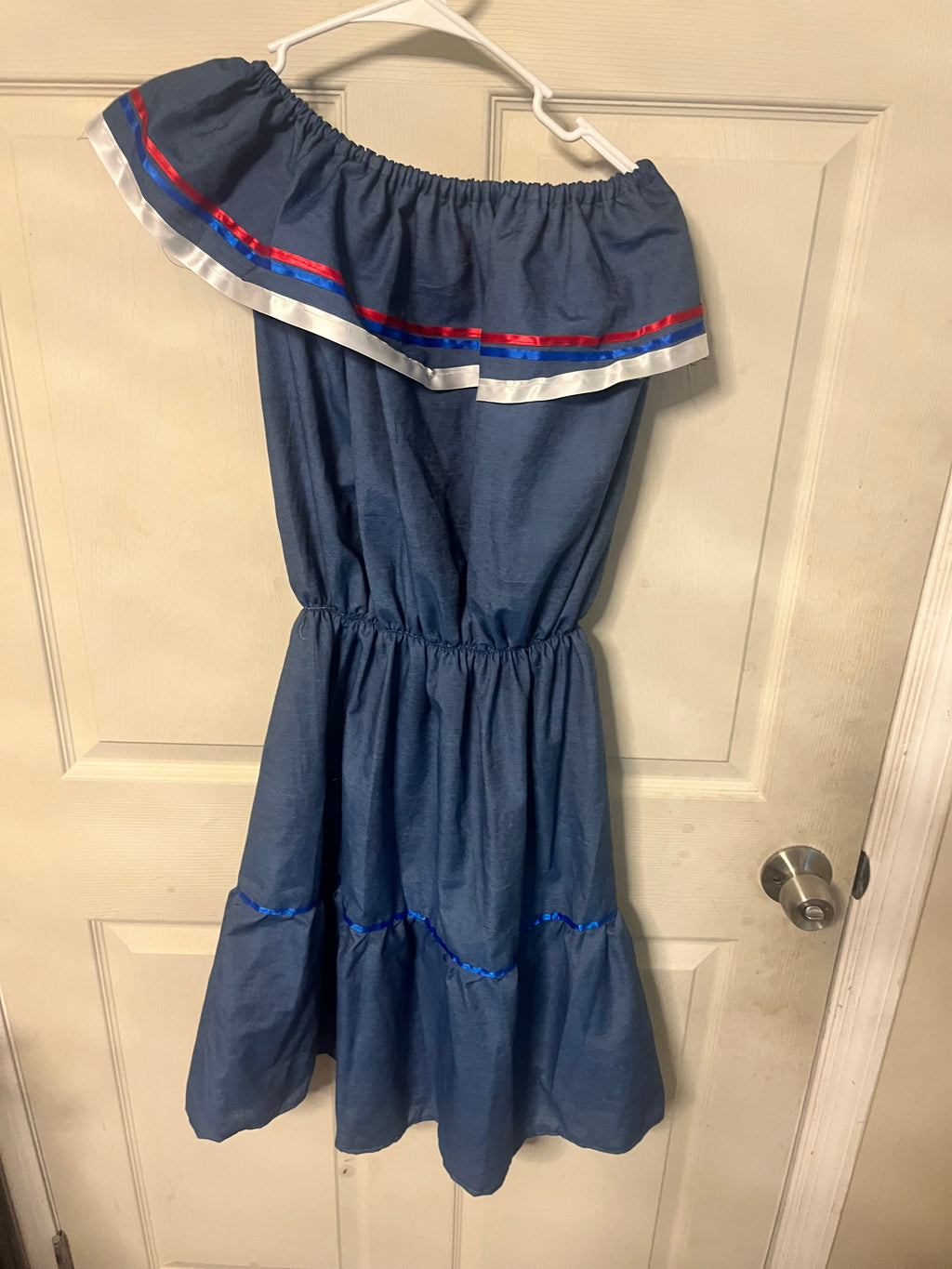 Women Blue Solid Off Shoulder Ruffle Denim Cotton A-Line Midi Dress Size S. Carabela