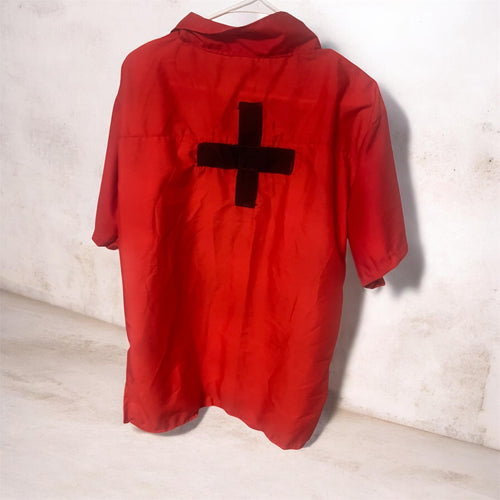 Men's XL Red Solid Short Sleeve Button-Up Point Collar Shirt Black Cross Back