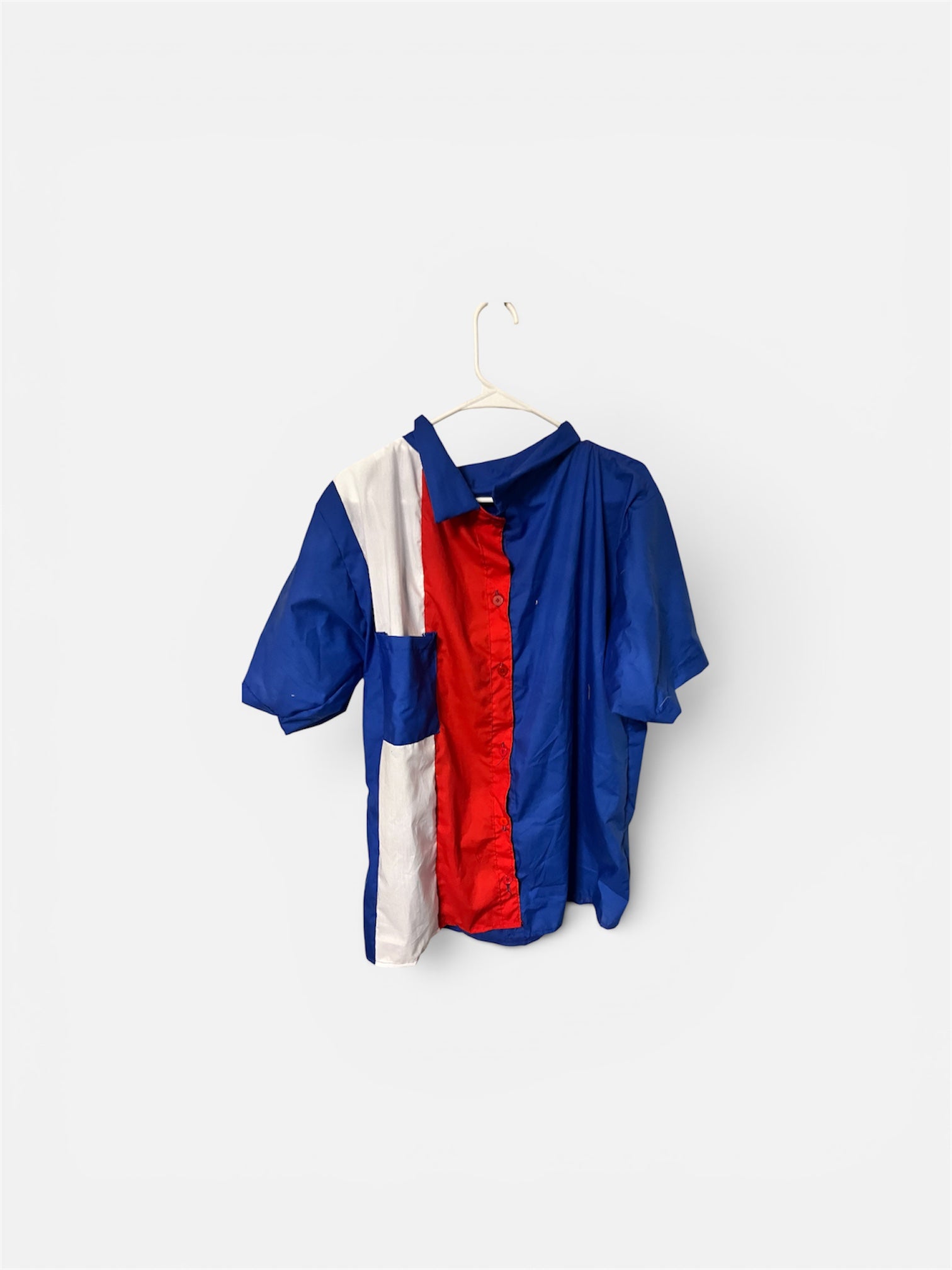 Men's Colorblock Jacket L Regular Blue Red White Button Front Stand-Up Collar